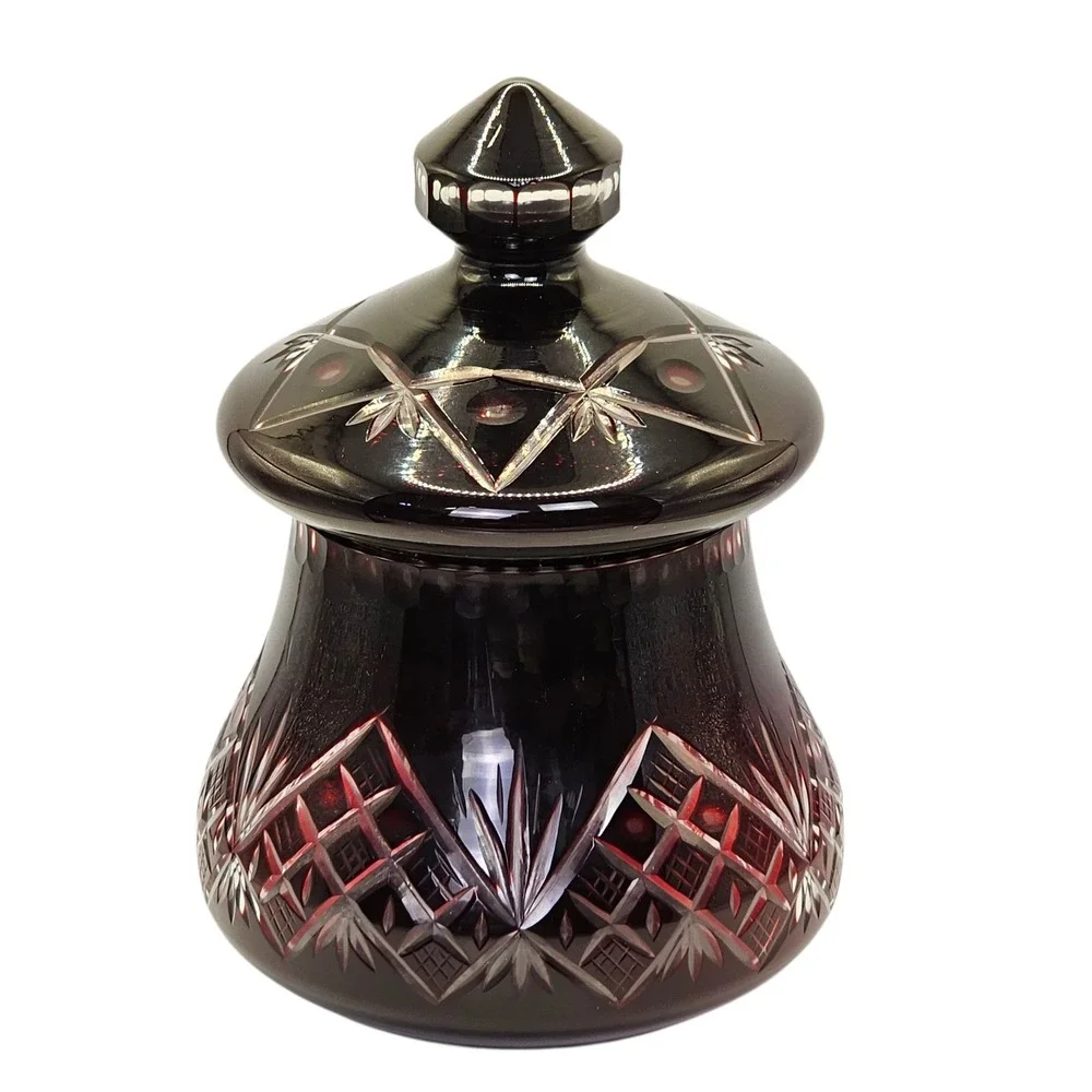 Vintage Bohemian Czech Ruby Red Cut to Clear Glass Canister Jar Crystal Lid 9.5